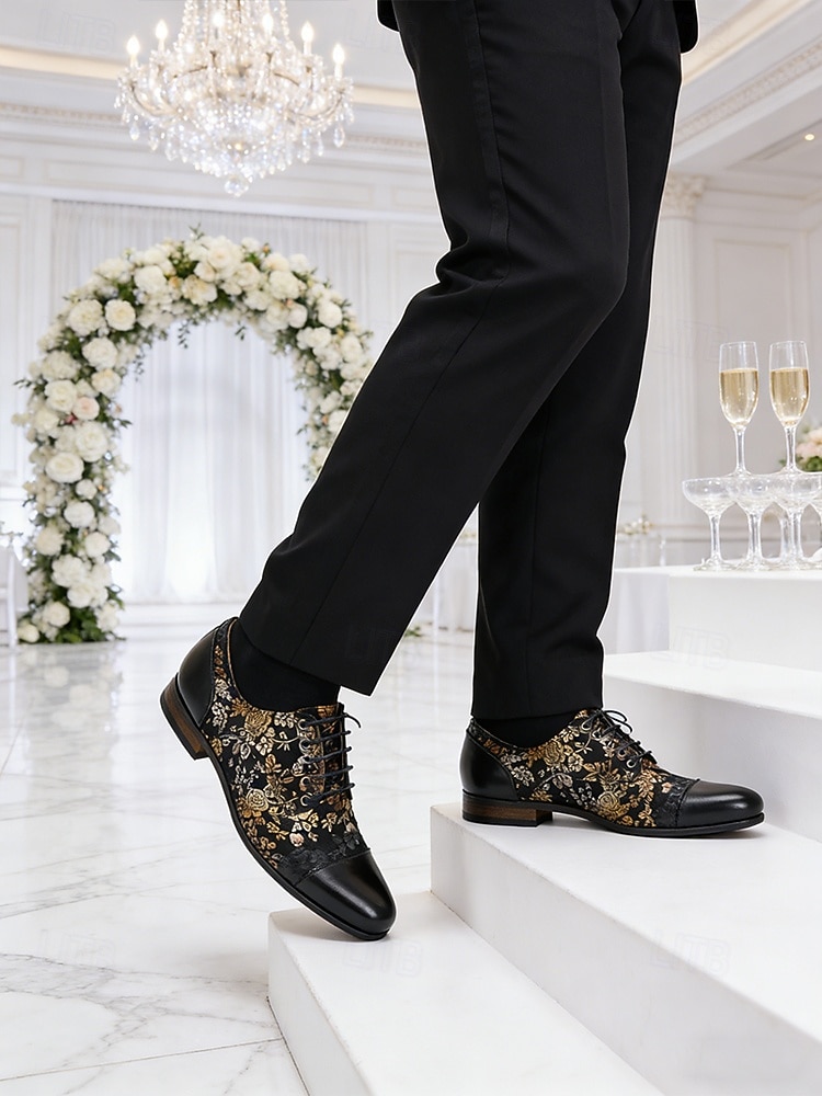 Κομψά ανδρικά δερμάτινα νυφικά παπούτσια - μαύρα με χρυσό φλοράλ μοτίβο, υποδήματα υψηλής ποιότητας για γάμους και επίσημες γιορτές 2026 - $109.99 –P3