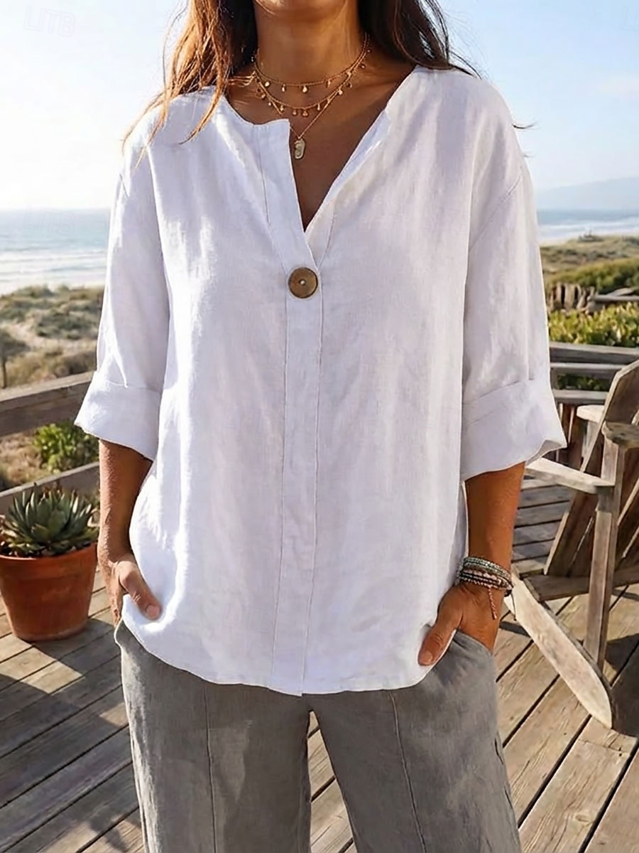 Women's Linen Shirts Blouse Patchwork Plain Stylish Modern Casual Long Sleeve V Neck Regular Tops Daily Holiday Going out Black White Navy Blue Orange Green Summer Spring 2026 - $23.99 –P3