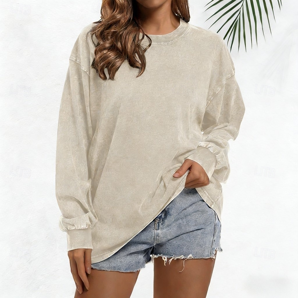Camiseta de gran tamaño de 100% algodón para mujer tops vintage lavados estilo vintage casual de manga larga cuello redondo regulares para el día salir fin de semana negra marfil verde ejército rojo 2026 - $21.99 –P5