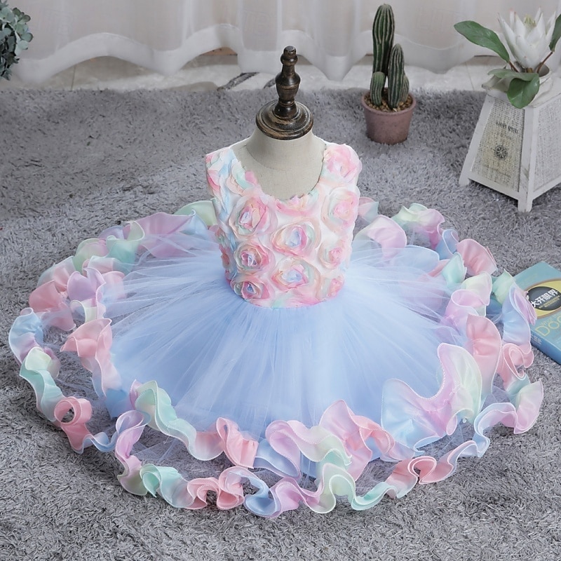 Flower Girl Dress Girls' Formal Dress Wedding Attire Party Wedding Formal Elegant Fashion Adorable Mesh Floral Sleeveless Crew Neck Blue Pink 4 years+ 2026 - $36.99 –P1