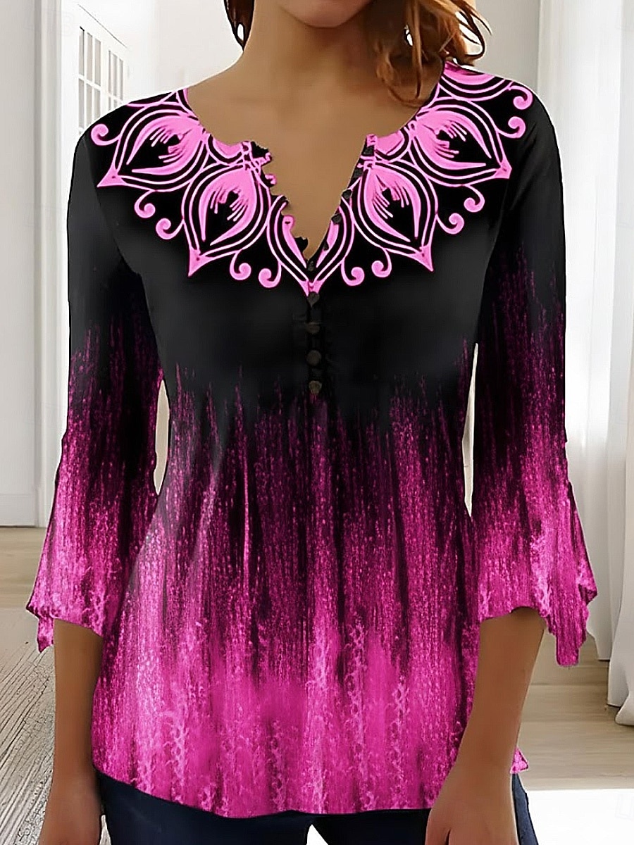 Women's T-Shirt  Ombre Floral Graphic Elegant Vintage Stylish 3/4 Length Sleeve V Neck Regular Tops Daily Going out Buttons Blue Pink Red Green Summer Spring 2026 - $26.99 –P3