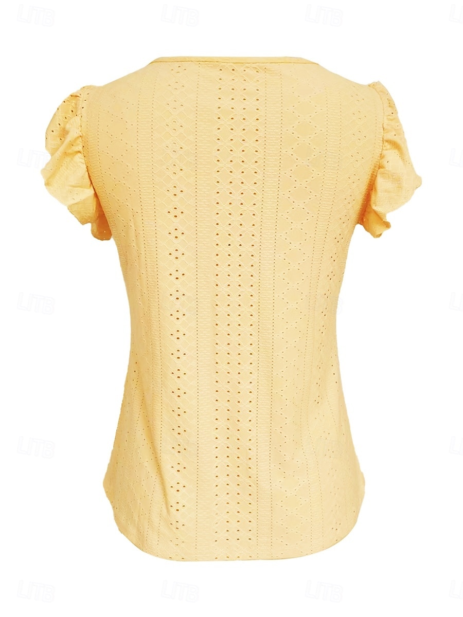 Mulheres Camiseta T-shirt Frufru Ilhó Botões Tecido Moda à moda Clássico Manga Curta Decote V Tops regulares Diário Para Noite Final de semana Branco Amarelo Rosa Azul Céu Verde Verão Primavera de 2026 por $21.99 –P5