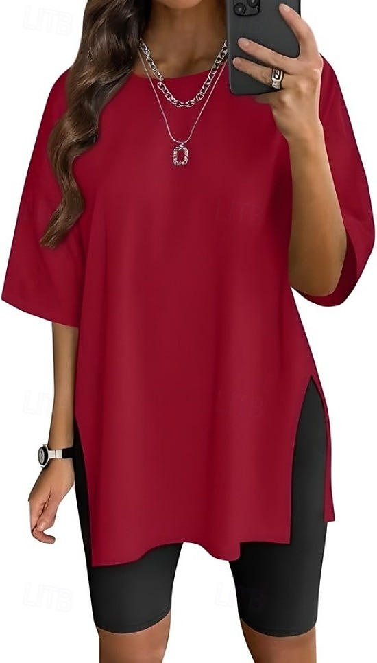 Dames T-shirt Zijsplit Effen Kleur Grafisch Modieus Klassiek Casual Korte mouw Strakke ronde hals Ronde hals Lange tops Dagelijks Uitgaan blauw Zwart Wit Lichtgroen Blozend Roze Zomer Lente 2026 - $21.99 –P7