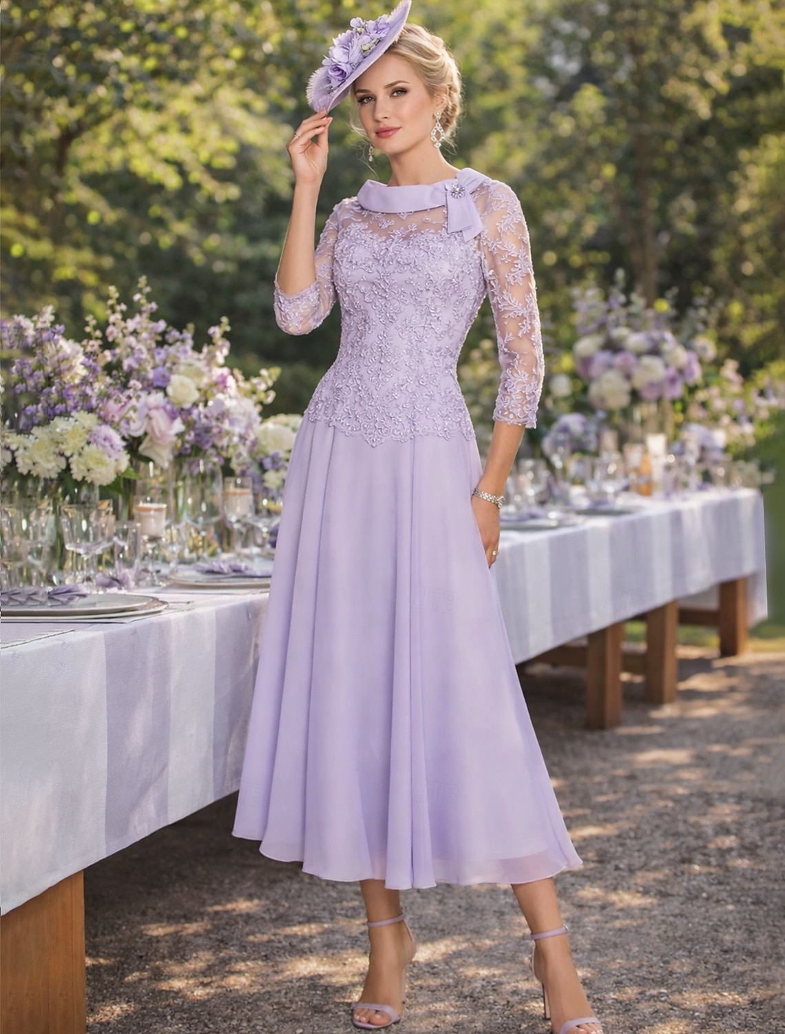 Strak kolom Over de knie Feestjurk Cocktail jurk Bruiloft gast jurk Moeder van de bruid jurk 3/4 mouw Ronde hals Feest Zoet Bruiloft gast Semi formeel Chiffon Kant met Plooien Kralen 2026 - $162.99 –P1