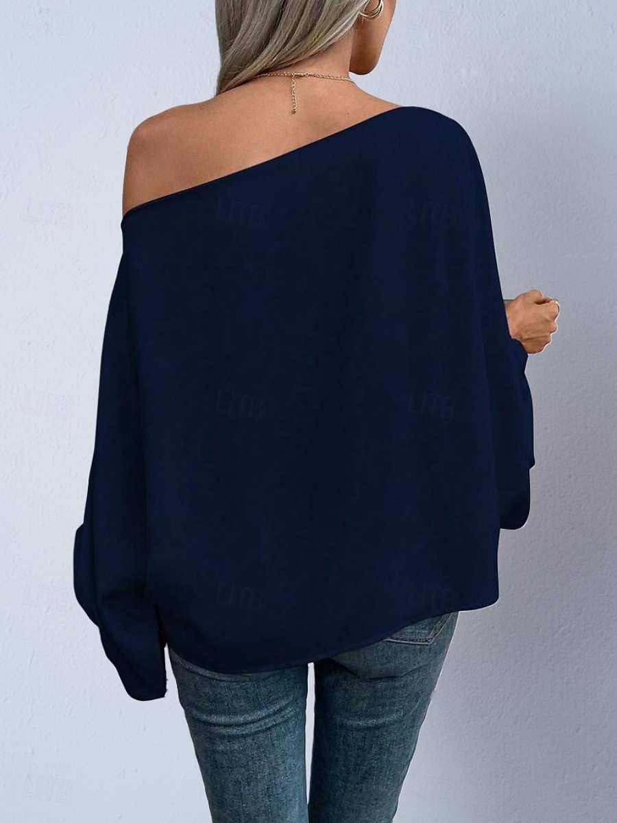 Dames Overhemd Satijnen overhemd Blouse Tops met blote schouders Effen Stijlvol Klassiek Modern Lange mouw Schouderafhangend Normale tops Dagelijks Feestdagen Uitgaan blauw Zwart Blozend Roze Rood 2026 - $27.99 –P16