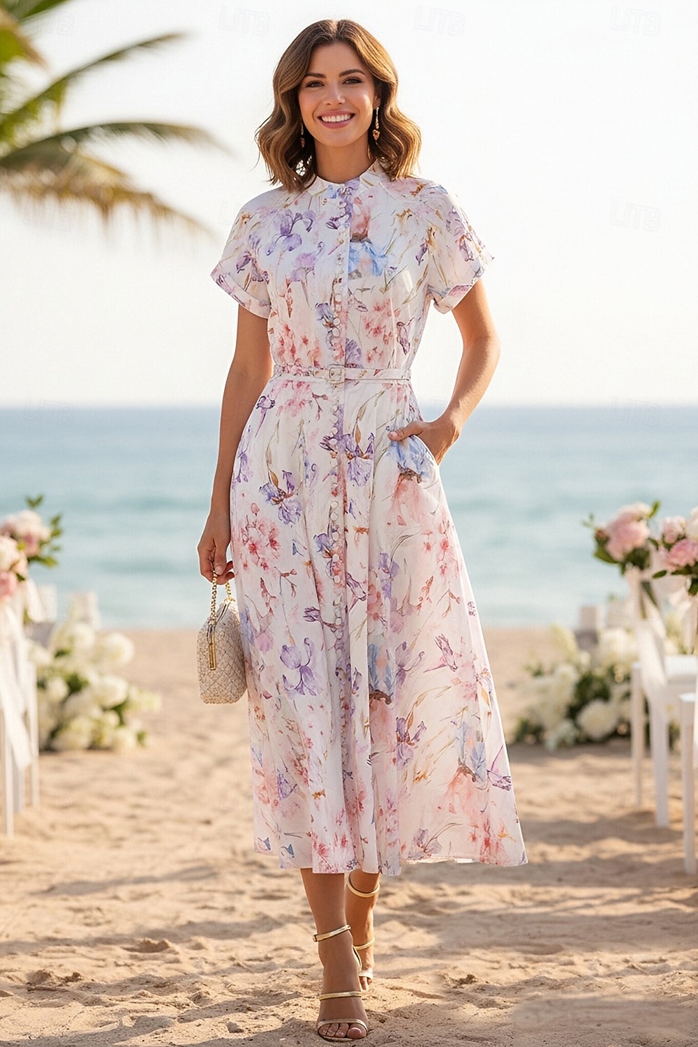 A-Line Ankle Length Tea Length Wedding Guest Dress Wedding Guest Dresses Elegant Daily Short Sleeve High Neck Garden Party Wedding Cowl Back with Floral Print Print 2026 - $114.99 –P1