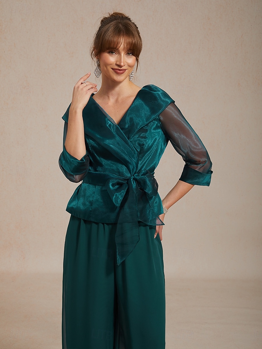 Dame Dressy topper knyte foran Illusjon Elegant 3/4 ermer V-hals Skjortekrage Vanlige topper Bryllupsgjest Cocktail antrekk Smaragd Grønn Sommer Vår Høst 2026 - $98.99 –P5