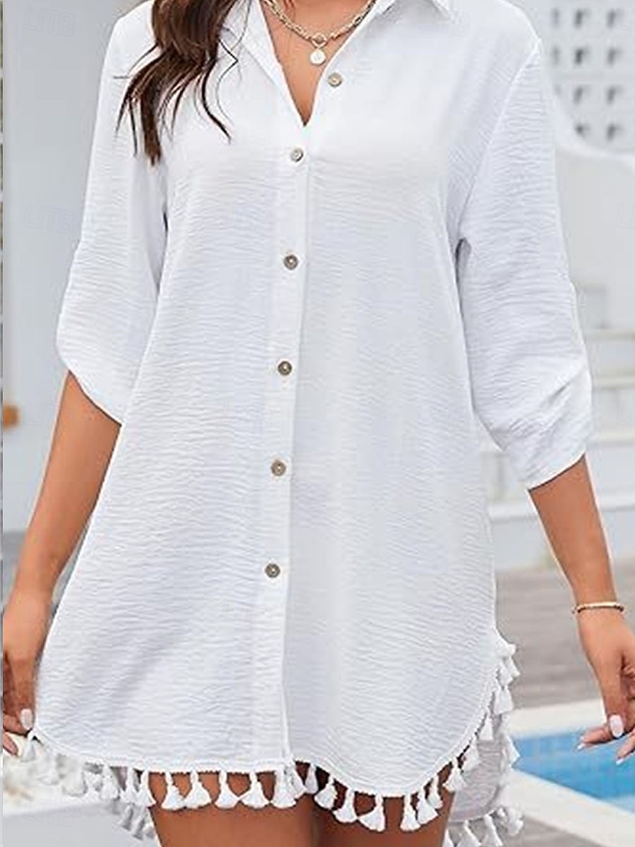 2026年 女性用 ミニドレス 白いドレス ビーチドレス 黒いドレス シャツドレス エレガント ファッション クラシック 日常 アウトドア ビーチ ルーズフィット 平織り 七分袖 シャツカラー ブラック ホワイト 夏 春  コレクション – $31.99 –P3