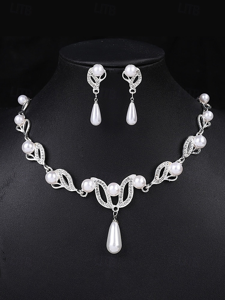 Elegantes Schmuckset aus Imitationsperlen für Damen, bestehend aus Halskette und Ohrringen in Gold- und Silberfarben mit Kristallakzenten, perfekt für Hochzeiten und festliche Anlässe. 2026 - $11.99 –P11