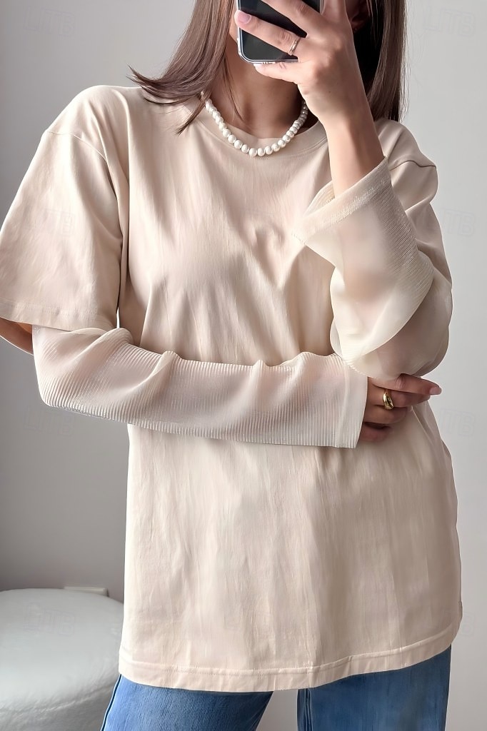 Naisten 100 % puuvillaverkkopaita tilkkutyö pitsi tilkkutyö feikki kaksiosainen yhdenvärinen tyylikäs rento pitkähihaisella pyöreällä kaula-aukolla säännölliset paidat päivittäinen ulkona musta khaki 2026 - $22.99 –P5