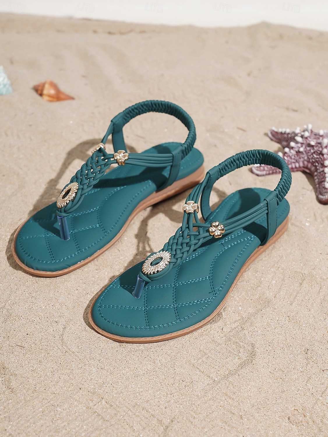 sandali infradito bohémien color verde acqua da donna - eleganti sandali bassi con cinturini intrecciati e dettagli gioiello, comode scarpe estive da spiaggia per vacanze tropicali &fughe sull'isola del 2026 a $26.99 –P4