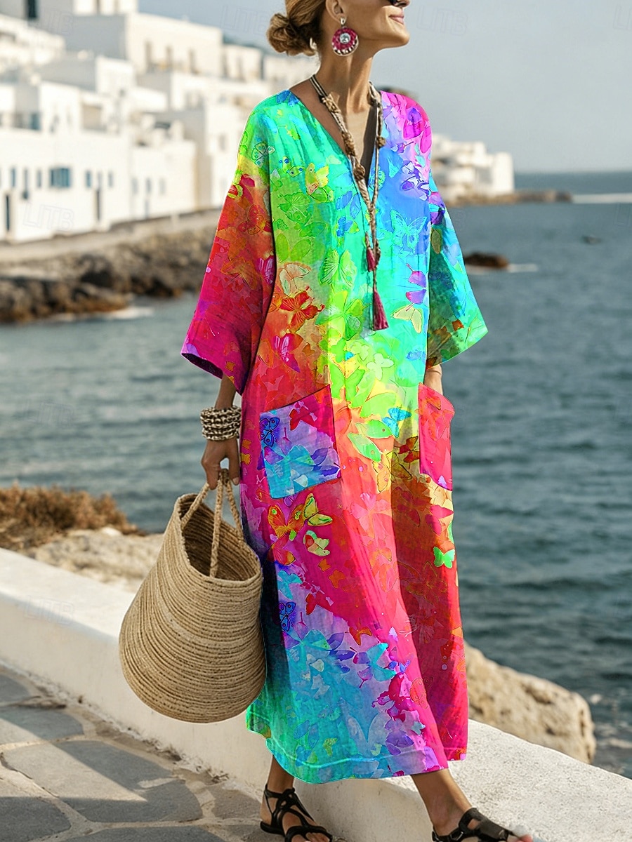 Abito Maxi da Donna in Lino Abito Casual Giornaliero Fit Lungo Ombre Grafica Maniche Lunghe Collo a V Blu Giallo Rosso Viola Estate Primavera del 2026 a $44.99 –P3