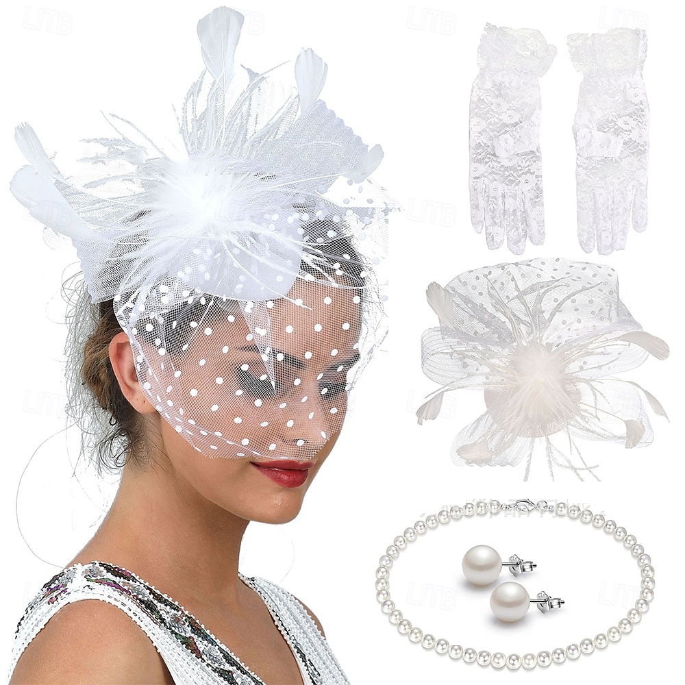 Derby Handschoenen Ketting Fascinator-hoed Vriendelijke vrouw Polka Dots Bloemig Polka dots Kostuum Dames Maskerade Feest Bruiloft Formeel Volwassenen Helm Handschoenen Oorbellen Lente 2026 - $21.99 –P2