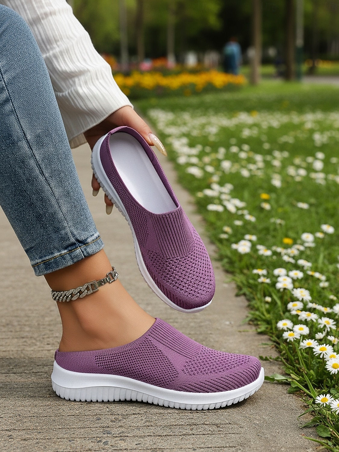 Женские дышащие вязаные прогулочные туфли без шнурков – легкие эластичные сетчатые мюли для путешествий, повседневной носки, покупок и прогулок на свежем воздухе. 2026 - $16.99 –P2
