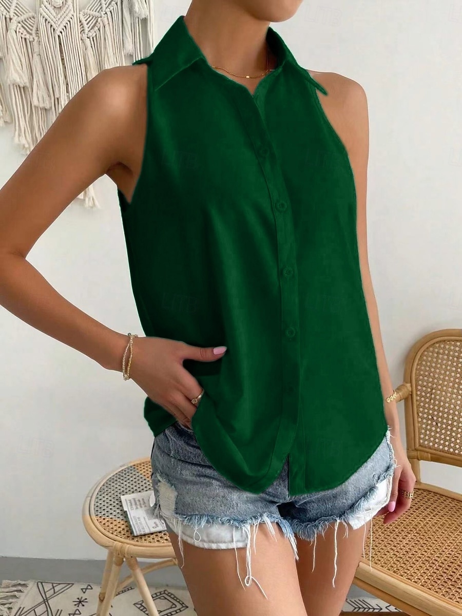 Dames Satijnen overhemd Kampshirt Met ruches Effen Kleur Elegant Stijlvol Casual Mouwloos Overhemdkraag Normale tops Dagelijks Zwart Wit Paars Oranje Beige Zomer Lente 2026 - $22.99 –P7