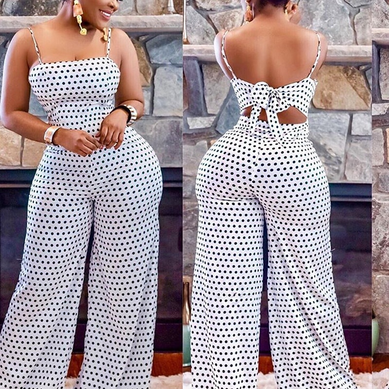 Dam Vanligt Jumpsuits Streetwear Prickig Ärmlös Brett skaft Mönster Öppen rygg Fest Gata Normal Svart Vit Sommar 2026 - $26.99 –P5
