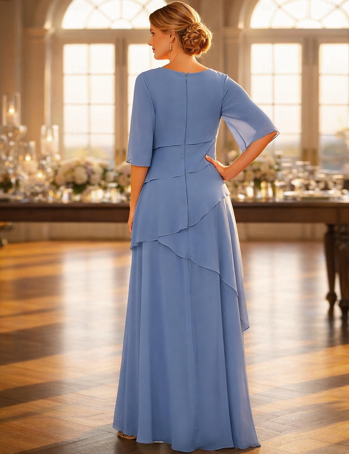 A-Line Floor Length Wedding Guest Dress Formal Dresses Tiered Dress Mother of the Bride Dress Half Sleeve Jewel Neck Elegant Vintage Simple Formal Chiffon with Ruffles Cascading Ruffles 2026 - $172.99 –P2