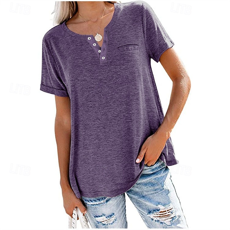 Mujer Tops de verano Blusa Frunce Retazos Bolsillo Color sólido Plano Elegante Vintage damas Manga Corta Escote en Pico Tops regulares Diario Trabajo Festivos Rosa Morado Verde Trébol Caqui Verano 2026 - $29.99 –P4
