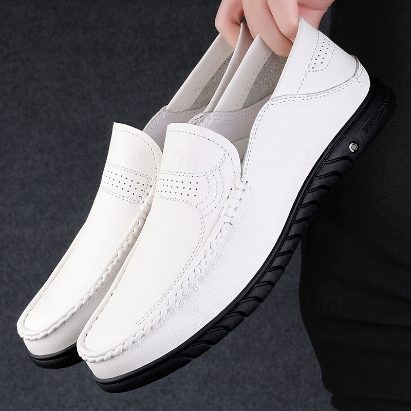 Men's White Moccasin Shoes, Genuine Faux Leather, Breathable Design, Classic Style, Comfortable for Casual Wear 2026 - $69.99 –P2