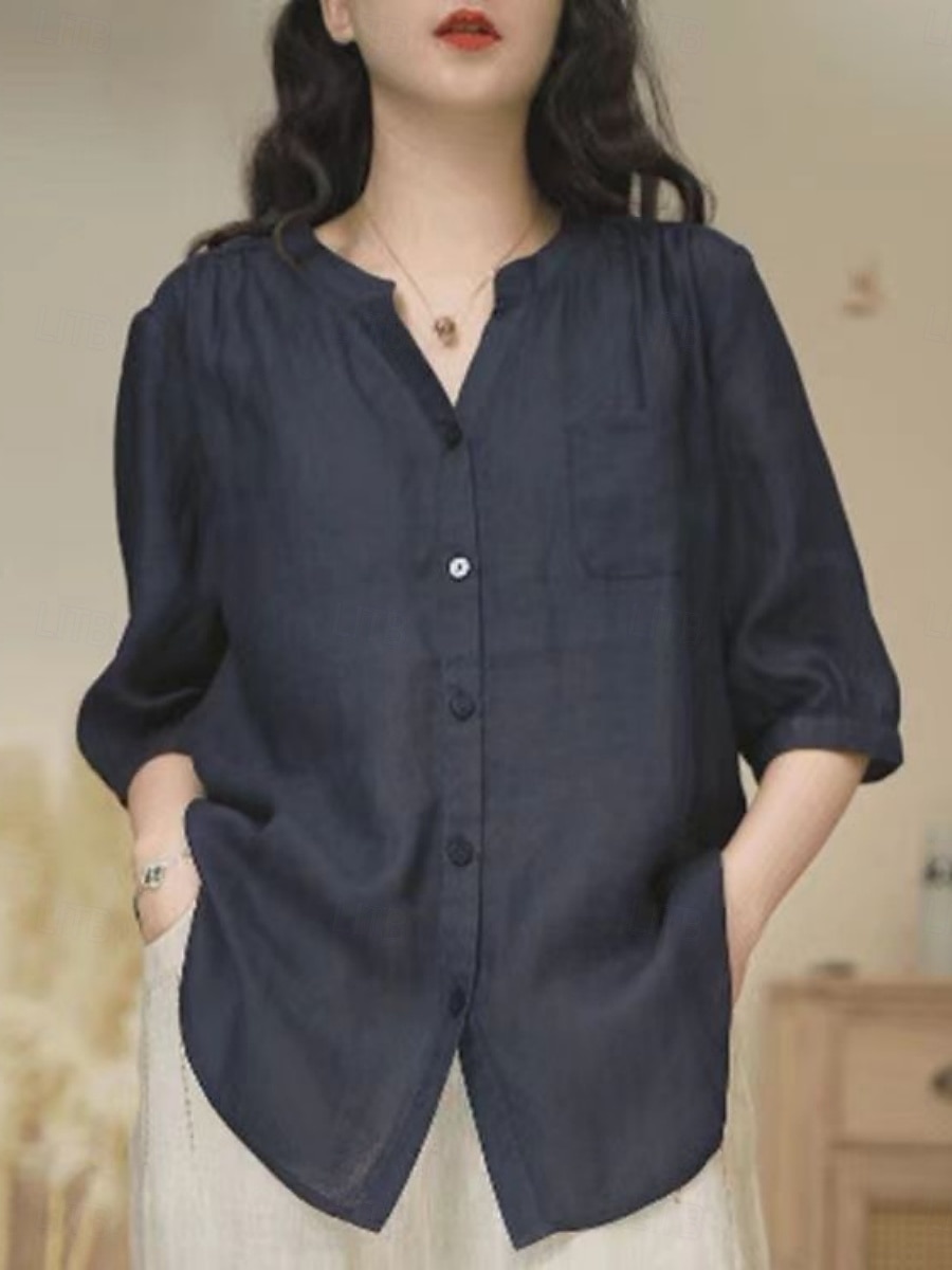Per donna Camicie effetto lino Tasca Tinta unica Quotidiano Essenziale Casual Manica Lunga Scollo a V Top Regolari Quotidiano Blu Bianco Blu marino Arancione Verde Estate Primavera Autunno del 2026 a $21.99 –P5