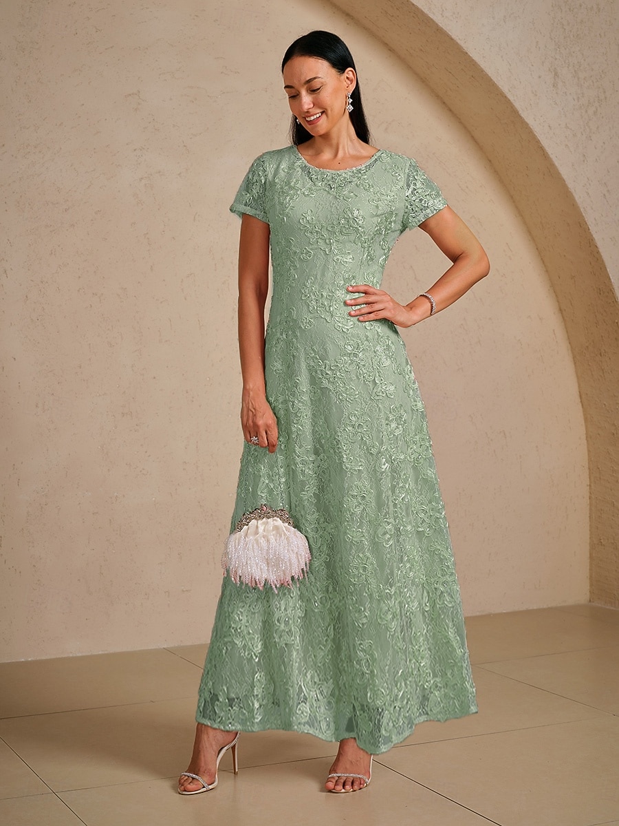 Mujer Vestido maxi Vestido de una línea Elegante Fiesta de Noche Acordonado Lentejuelas Ajuste regular Floral Manga Corta Cuello Barco Verde salvia 2026 - $149.99 –P4