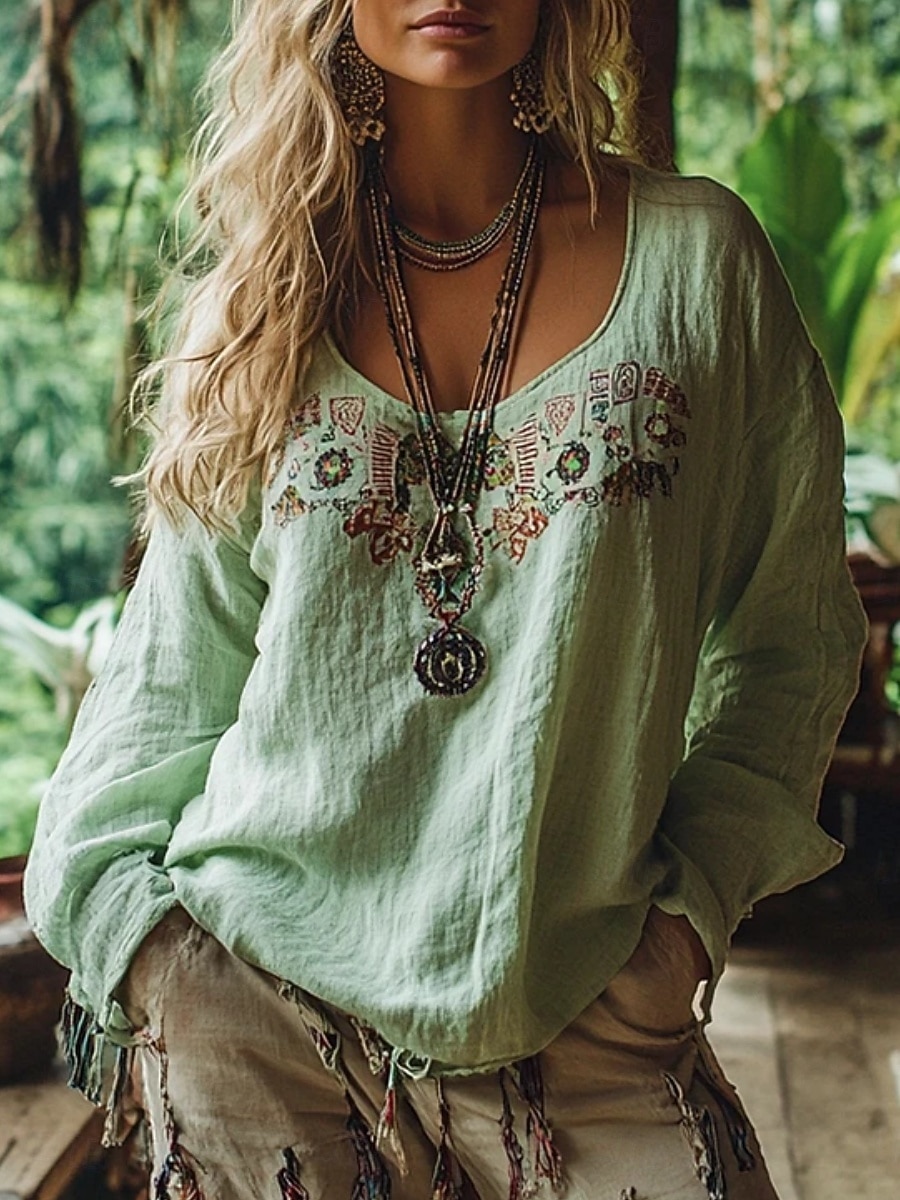 Women's Shirt Boho Shirt Blouse Print Graphic Bohemia Stylish Classic Long Sleeve V Neck Regular Tops Daily Holiday Going out Blue Black Light Green Wine Apricot Summer Spring Fall 2026 - $27.99 –P5