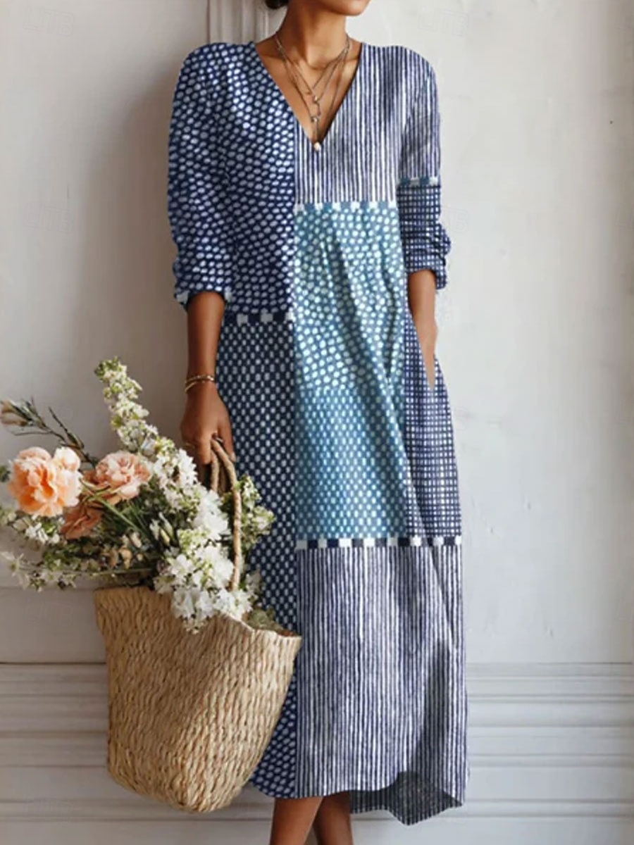 Rochie Maxi pentru Femei din In Ușor și Respirabil Rochie Sundress Casual pentru Petreceri Vacanțe Croi Regular Floral Grafic Mâneci Lungi Gât în V Albastru Galben Roșu Portocalie Vară Primăvară 2026 - $41.99 –P1