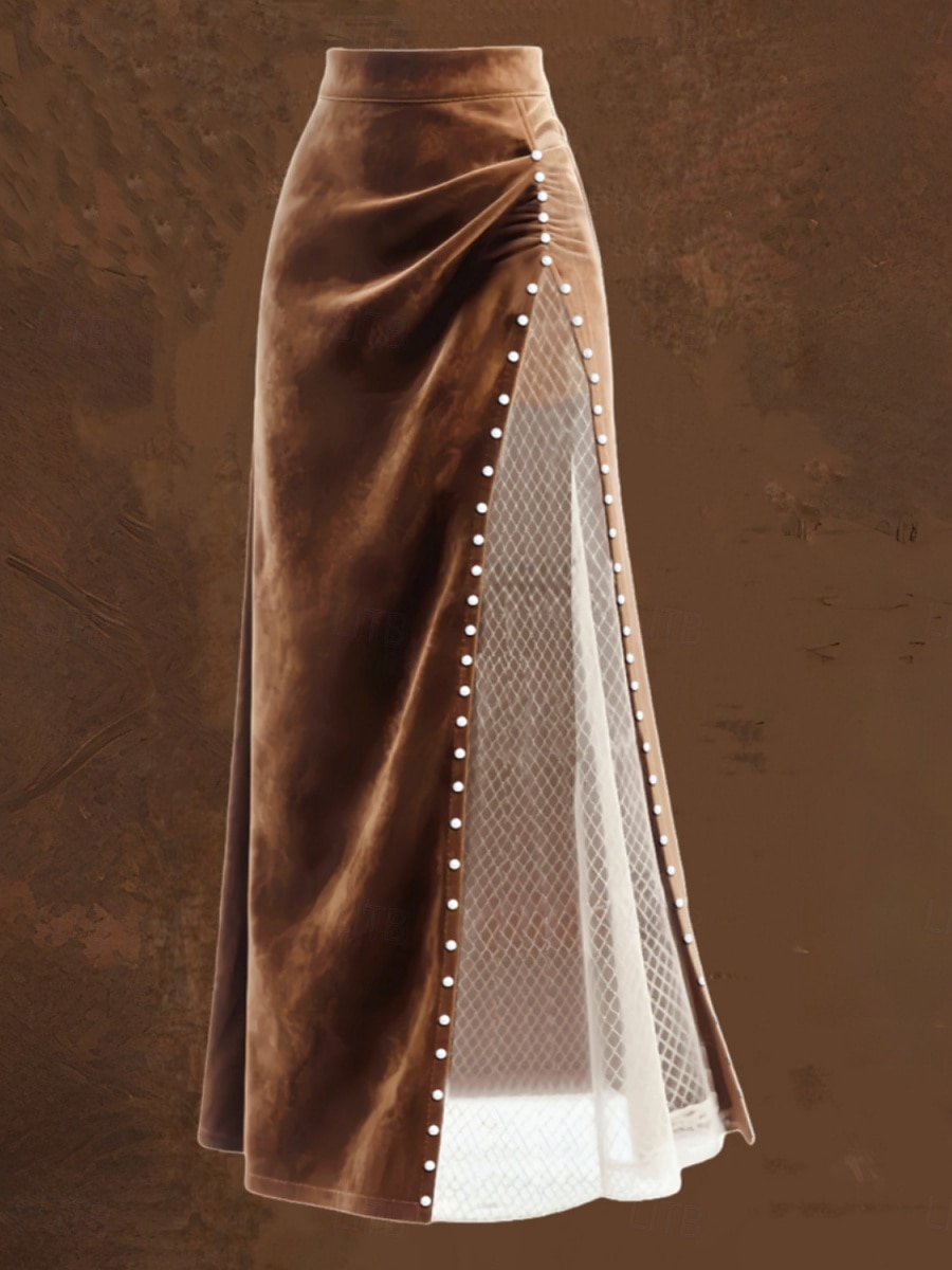 Women's Faux Suede Skirt Vintage Fashion Casual Maxi Mid Rise Skirts Color Block Mesh Inelastic Street Going out Brown Spring 2026 - $34.99 –P1