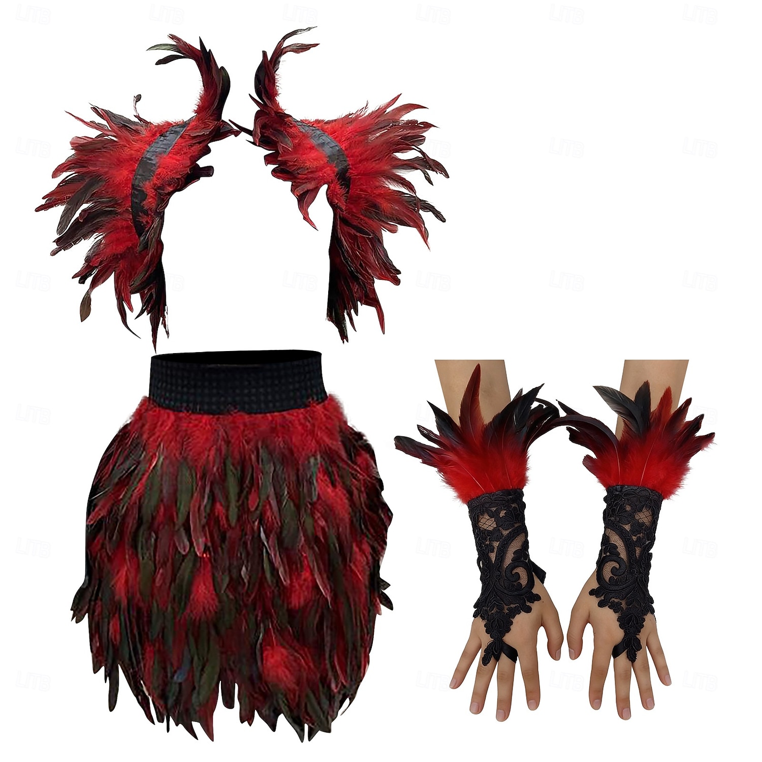 Accessori Samba Carnevale 2026 Rio Carnevale 3 pezzi Set Costume Donna Piume Rosse Mantello Gothic Gonna Mini  Guanti di Pizzo Costume per Festival in Brasile del 2026 a $47.99 –P1