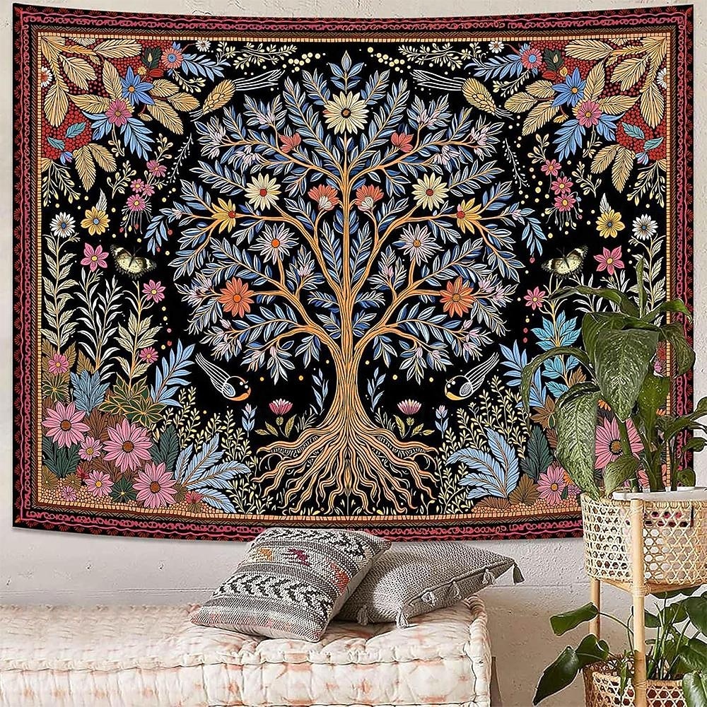 Tapeçaria de parede vintage estética com árvore da vida, fundo floral botânico da natureza, decoração boêmia para quarto, arte de parede grande para decoração de apartamento ou dormitório. de 2026 por $19.99 –P7