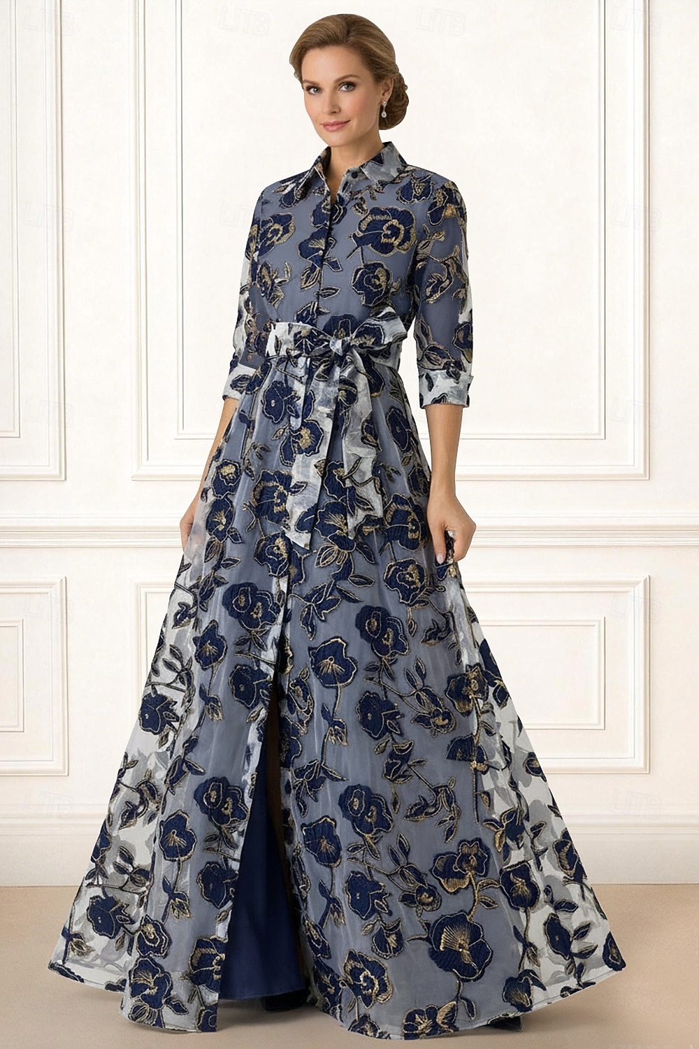 A-linje Gulvlengde Skjortekjole Gjestekjole til bryllup Formell kjole Kjole til brudens mor 3/4 ermer Skjortekrage Elegant Enkel Formell Organza Jacquard med Sløyfe(r) 2026 - $185.3 –P1