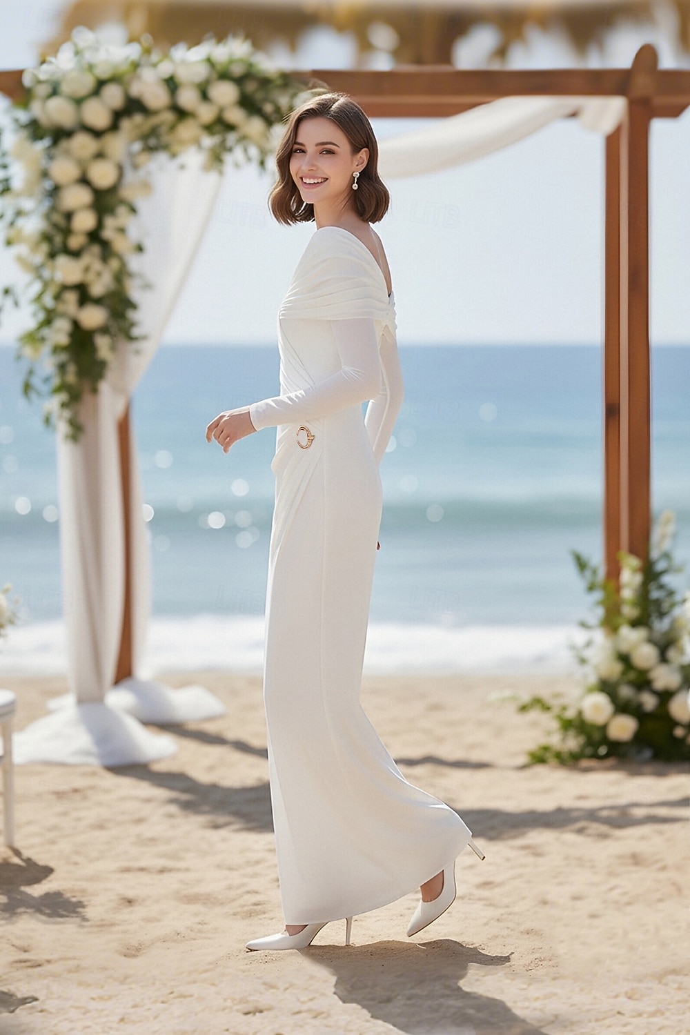 Sheath Column Floor Length Wedding Guest Dress Little White Dress Elegant Little White Dresses Long Sleeve Off Shoulder Wedding with Ruched 2026 - $103.99 –P2