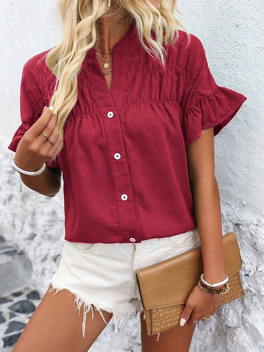 Damen Hemd Bluse Patchwork Knöpfe Einfach Vintage Stilvoll Lässig Kurzarm Stehkragen Normale Oberteile Täglich Ferien Ausgehen Denim Blue Schwarz Gelb Wein Marineblau Sommer Frühling 2026 - $31.99 –P8