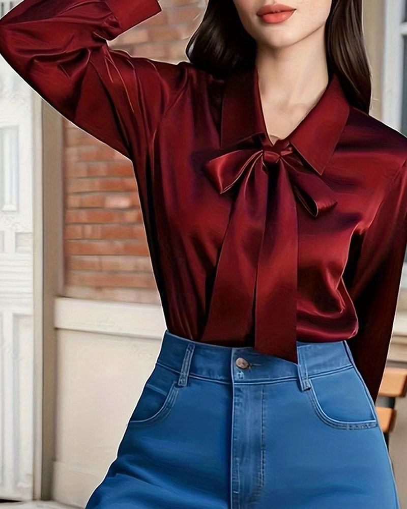 Γυναικεία Κομψή Σατέν Μπλούζα Μπλούζα Ντυτές μπλούζες Σουρωτά γραβάτα μπροστά Κουρελού Σκέτο Κομψό Βίντατζ Στυλάτο Μακρυμάνικο Λαιμόδεση Κανονικά μπλουζάκια Καθημερινά Δουλειά Αργίες Κρασί 2026 - $34.99 –P3