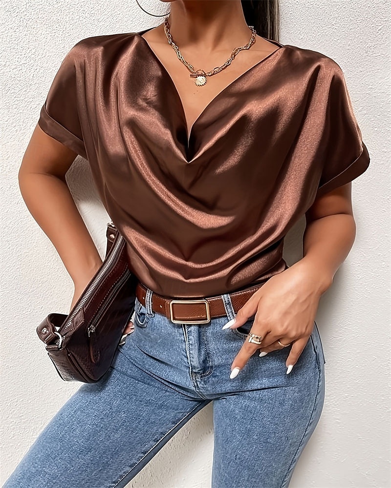 Per donna Elegant Top in raso Blusa Top Eleganti Arricciato Patchwork Drappeggiato Semplice Elegante Vintage Signore Senza Maniche Scollo a V Top Regolari Quotidiano Lavoro Ferie Marrone Estate del 2026 a $26.99 –P1