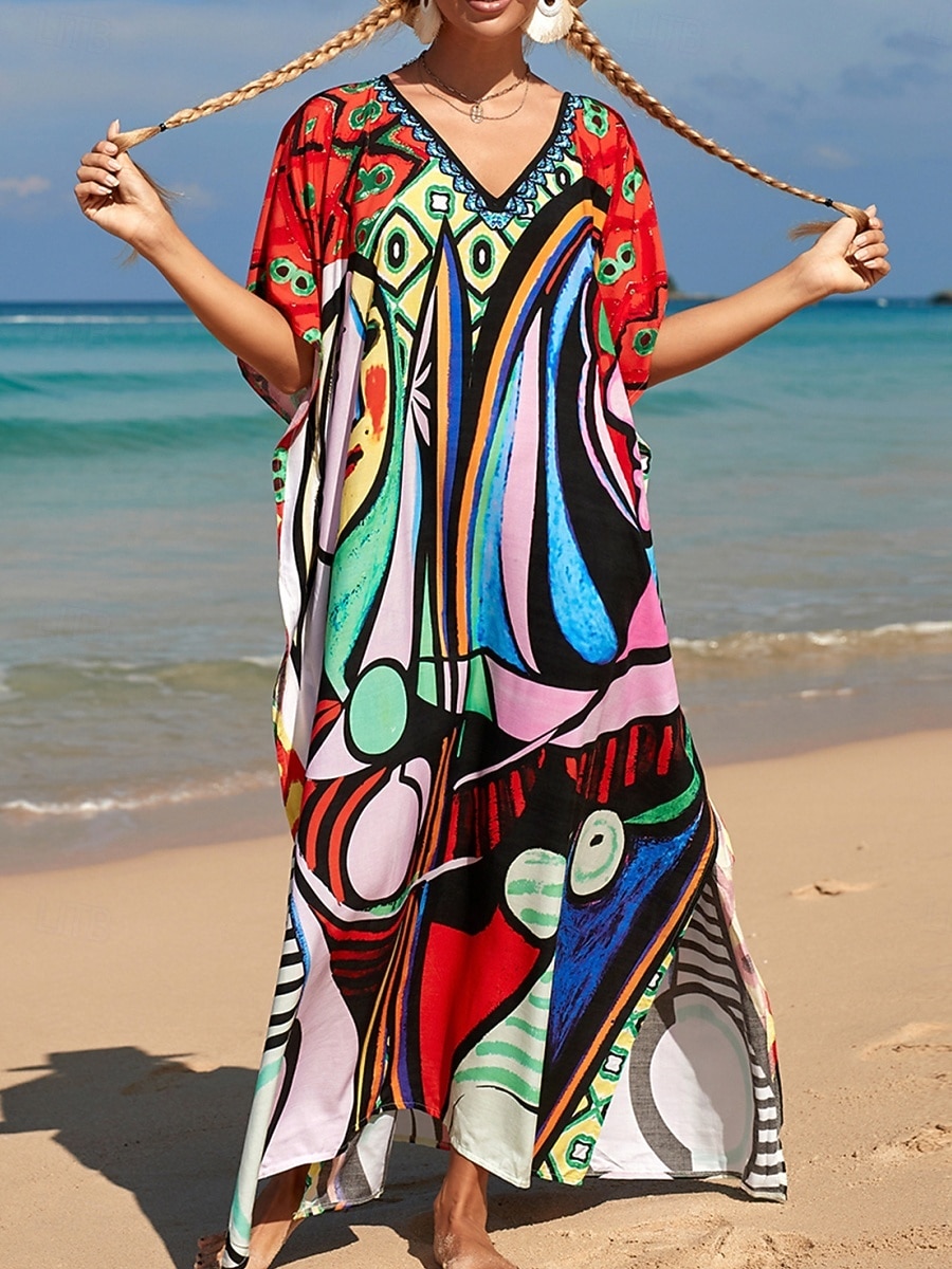 Women's Maxi Dress Beach Dress Casual Dress Boho Dress Cover Up Elegant Fashion Modern Outdoor Vacation Going out Loose Fit Abstract Half Sleeve V Neck Blue Pink Royal Blue Orange Summer Spring 2026 - $29.99 –P17