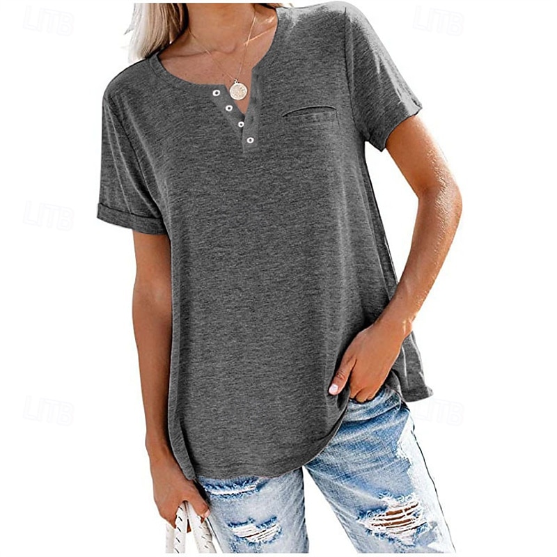 Mujer Tops de verano Blusa Frunce Retazos Bolsillo Color sólido Plano Elegante Vintage damas Manga Corta Escote en Pico Tops regulares Diario Trabajo Festivos Rosa Morado Verde Trébol Caqui Verano 2026 - $29.99 –P1
