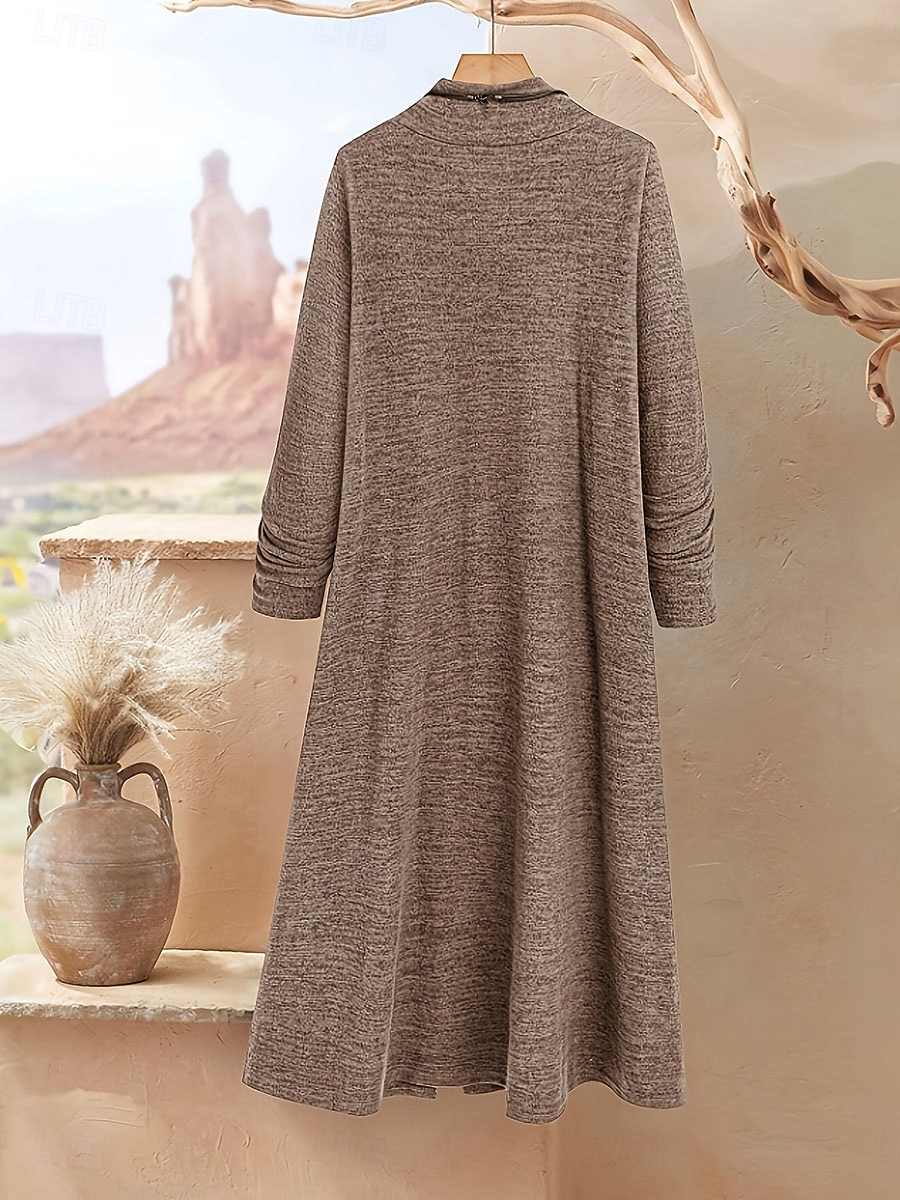 Dam Midiklänning Svart klänning Vardagsklänning Elegant Mode Modern Utomhus Semester Utekväll Lös passning Slät Långärmad Hög krage Svart Kaki Vår Höst 2026 - $41.99 –P4