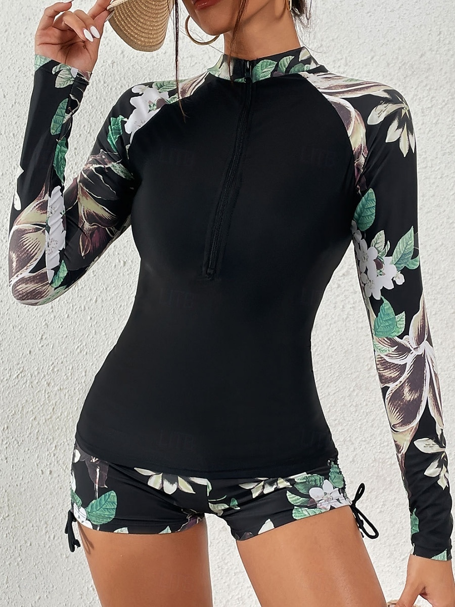 Dámské Plavky Tankini 2 ks Kraťasy Plavky Zaštíhlující Vysoký pas Štíhlý prázdniny Oblečení na pláž Květinový Stojáček Dlouhý rukáv Plavky 2026 - $36.99 –P10