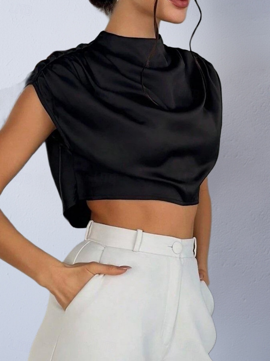 Damen Hemd Satinhemd Bluse Wickel-Crop-Top Gerafft Einfach Vintage Stilvoll Klassisch Kurzarm Hoher Ausschnitt Crop Tops Täglich Ferien Ausgehen Schwarz Weiß Marineblau Braun Grün Frühling Herbst 2026 - $22.99 –P8
