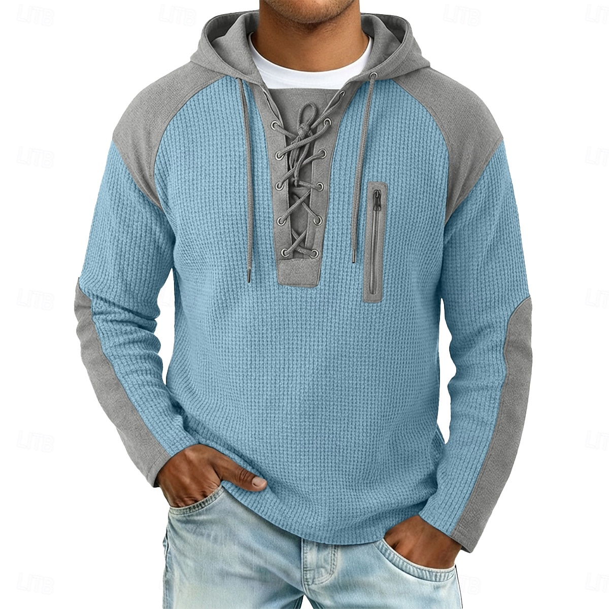 Per uomo Maglietta Waffle Maglietta Maglia Henley a nido d'ape Manica Lunga Con Cappuccio Collo con lacci Autunno Autunno & Inverno Tinta unica Testurizzato Tradizionale / Vintage Casual Coulisse del 2026 a $26.99 –P5