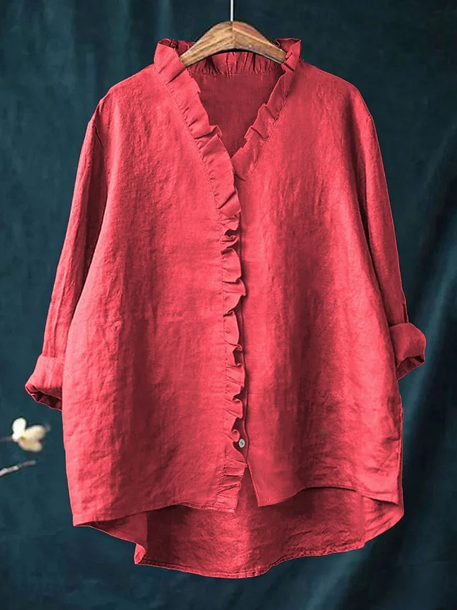 Easter Women's Tunic Casual Shirt Button Up Shirt Blouse Ruffle Solid Color Vacation Vintage Daily Long Sleeve V Neck Long Tops Work Beach Holiday Blue White Yellow Red Gray Summer Spring Fall Winter 2026 - $29.99 –P1