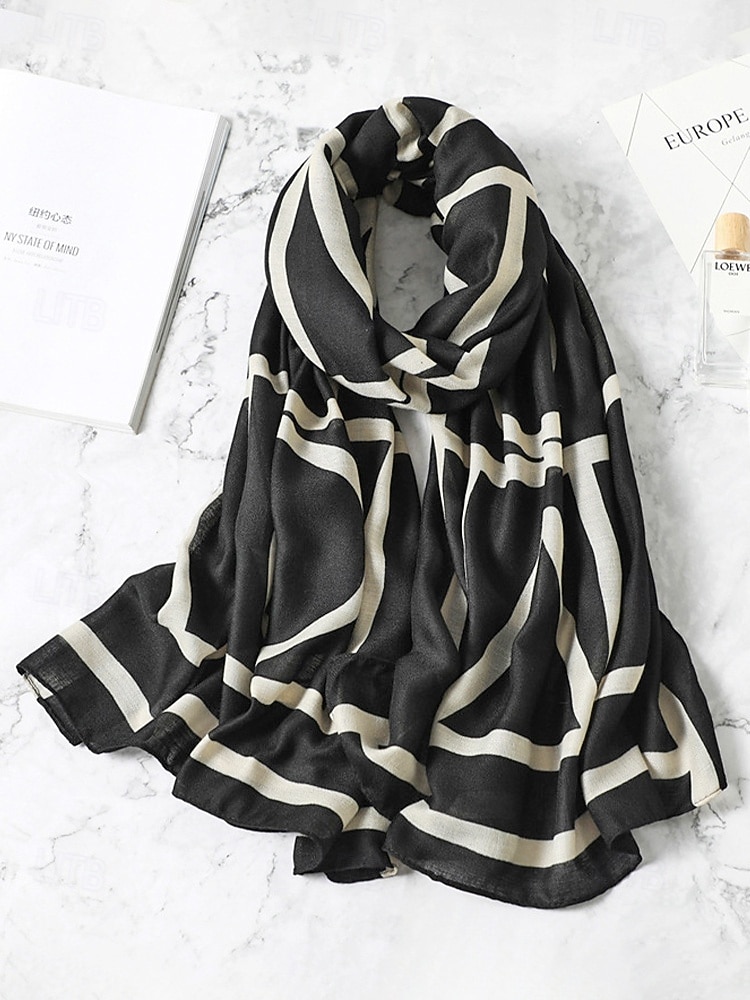 Elegante bufanda geométrica de poliéster para mujer, elegante chal negro y marrón para desplazamientos y uso diario informal, suave y ligero, ideal para la oficina y viajes, accesorio versátil para todas las estaciones. 2026 - $14.99 –P3