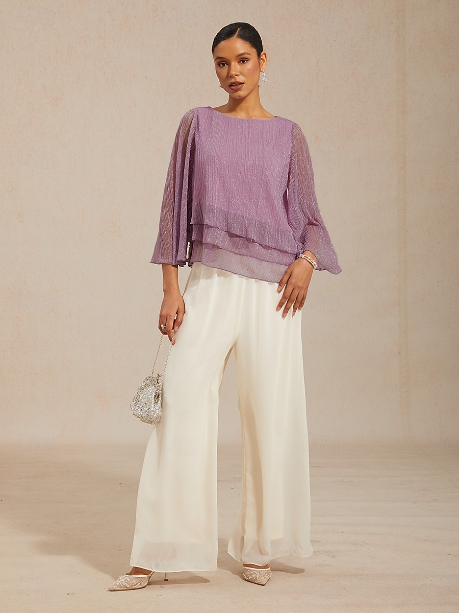 Women's Blouse Chiffon Tops Pleated Layered Metallic Elegant 3/4 Length Sleeve Bell Sleeve Crew Neck Daily Wedding Guest Light Purple Summer Spring Fall 2026 - $59.99 –P7