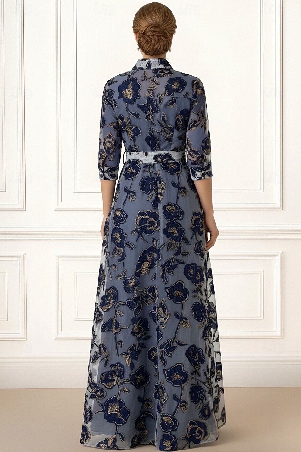 A-linje Gulvlengde Skjortekjole Gjestekjole til bryllup Formell kjole Kjole til brudens mor 3/4 ermer Skjortekrage Elegant Enkel Formell Organza Jacquard med Sløyfe(r) 2026 - $185.3 –P3