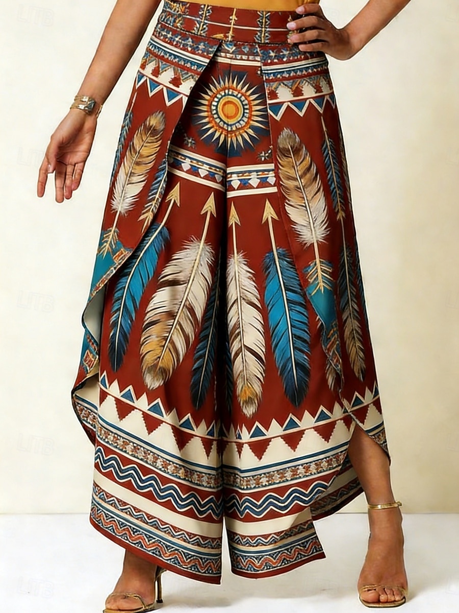 Women's Wide Leg Pants Trousers Casual Pants Vacation Casual Boho Full Length Medium Waist Graphic Feather Layered Asymmetric Comfort Soft Comfortable Inelastic Daily Outdoor Vacation Claret-red 2026 - $47.99 –P1