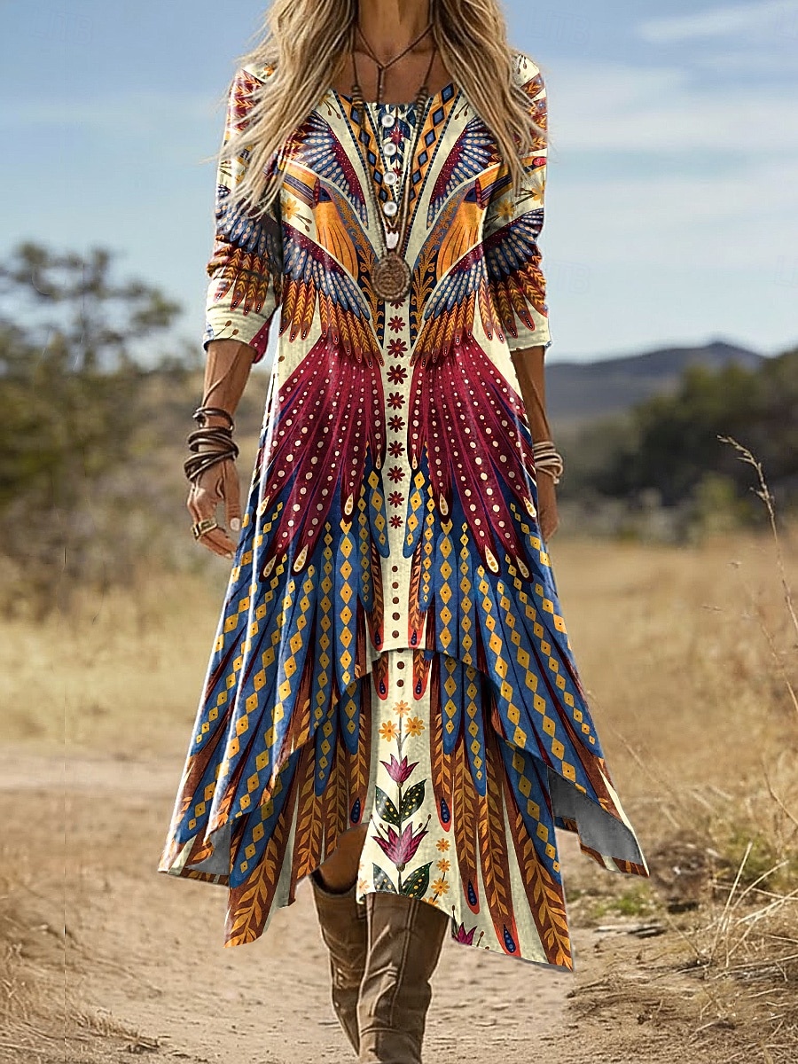 Damen Midi Kleid Boho Shift Kleid Urlaub Party Lässig Täglich Feiertag Reguläre Passform Grafisch Geometrisch Langarm Rundhals V-Ausschnitt Blau Gelb Lila Grün Sommer Frühling Herbst 2026 - $48.99 –P1