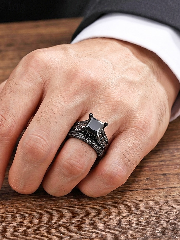 Σετ ανδρικών δαχτυλιδιών με μαύρη πέτρα, κράμα αλουμινίου vintage γοτθικού στιλ με τετράγωνο κόσμημα, πολύχρωμες επιλογές για βέρες, αρραβώνες, πάρτι και καθημερινή casual ένδυση 2026 - $11.99 –P1