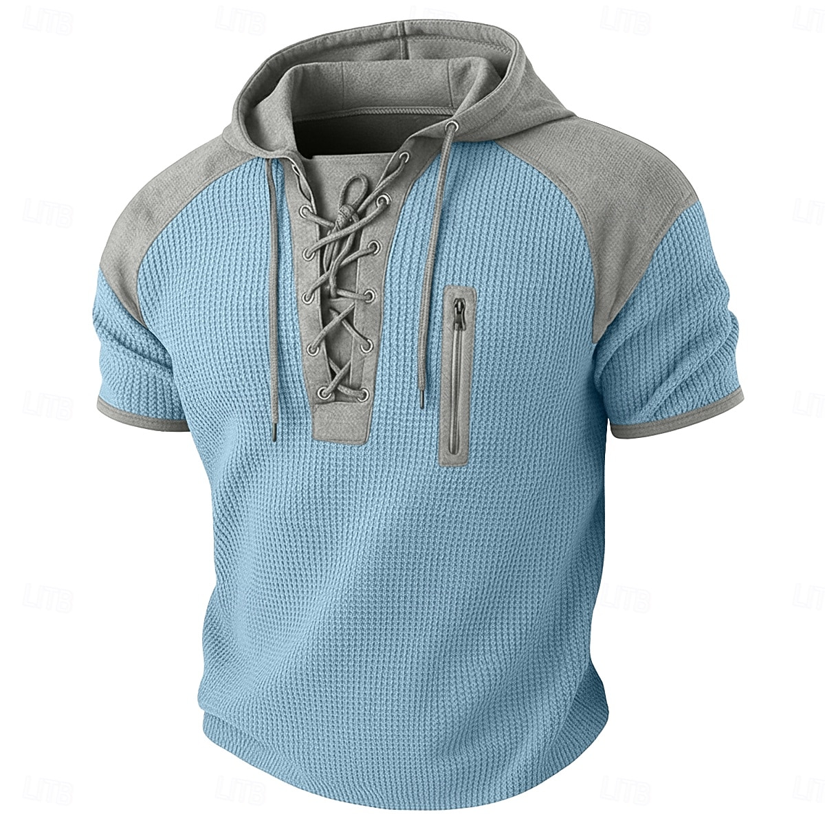 Herre Vaffel Henley-skjorte T-skjorte Kortermet Med hette Snøring i halsen Sommer Vår Alle årstider Helfarge Mote Designer Fritid Fargeblokk Avslappet Daglig utendørs Lyseblå Svart Vin Topp T-skjorte 2026 - $22.99 –P3
