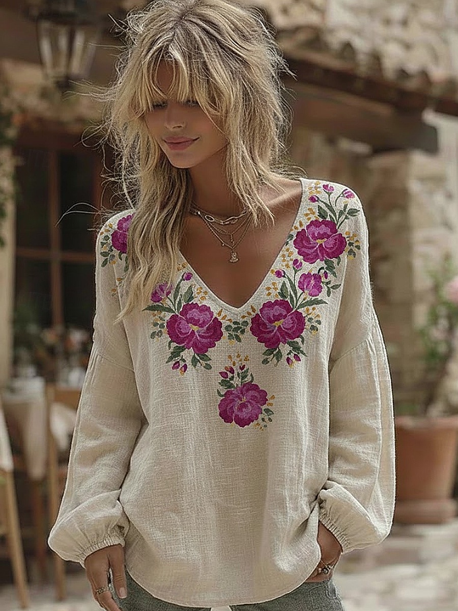 Блуза для женщин из льняного материала дышащая легкая цветочный графический рисунок элегантная богемия винтажная длинный рукав V-образный вырез повседневная праздничная сборка заплатка вышивка синий 2026 - $32.99 –P4